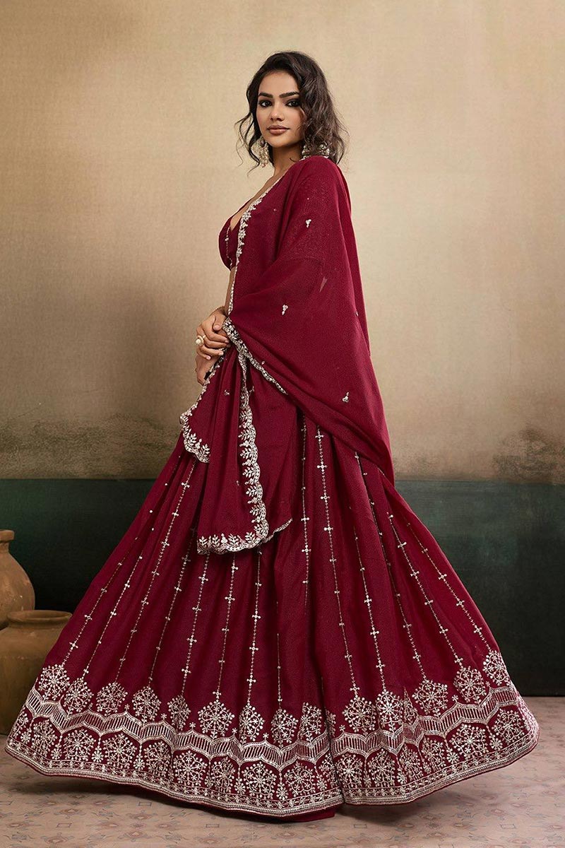 Maroon Embroidered Lehenga UK | Elegant Floral Border & Festive Dupatta RTI