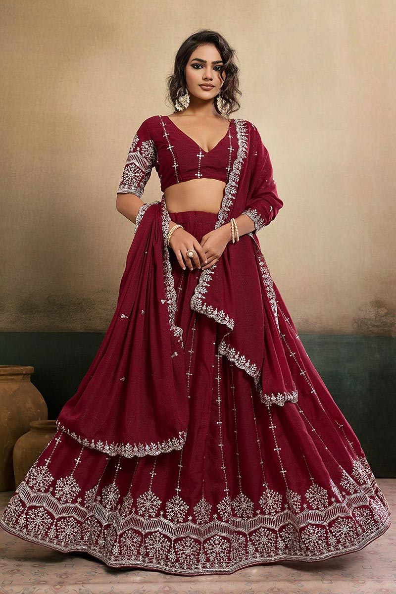 Maroon Embroidered Lehenga UK | Elegant Floral Border & Festive Dupatta RTI