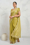 Parrot Green Embroidered Saree UK | Elegant Floral Border & Party Wear Pallu RTI