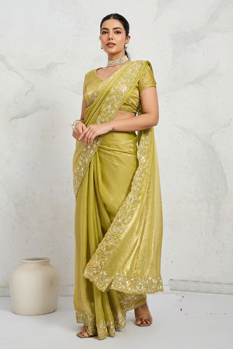 Parrot Green Embroidered Saree UK | Elegant Floral Border & Party Wear Pallu RTI