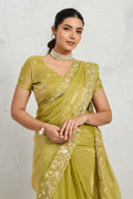 Parrot Green Embroidered Saree UK | Elegant Floral Border & Party Wear Pallu RTI