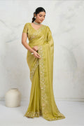 Parrot Green Embroidered Saree UK | Elegant Floral Border & Party Wear Pallu RTI