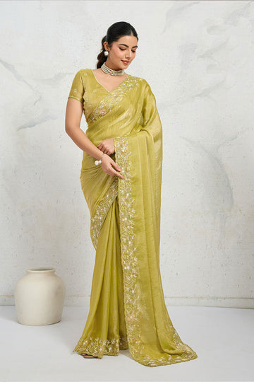 Parrot Green Embroidered Saree UK | Elegant Floral Border & Party Wear Pallu RTI