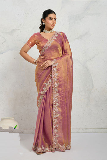 Pink Designer Saree UK | Floral Embroidered Border & Elegant Festive Pallu RTI