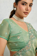 Elegant Sea Green Silk Blend Saree UK | Floral Embroidery Border & Party Wear RTI