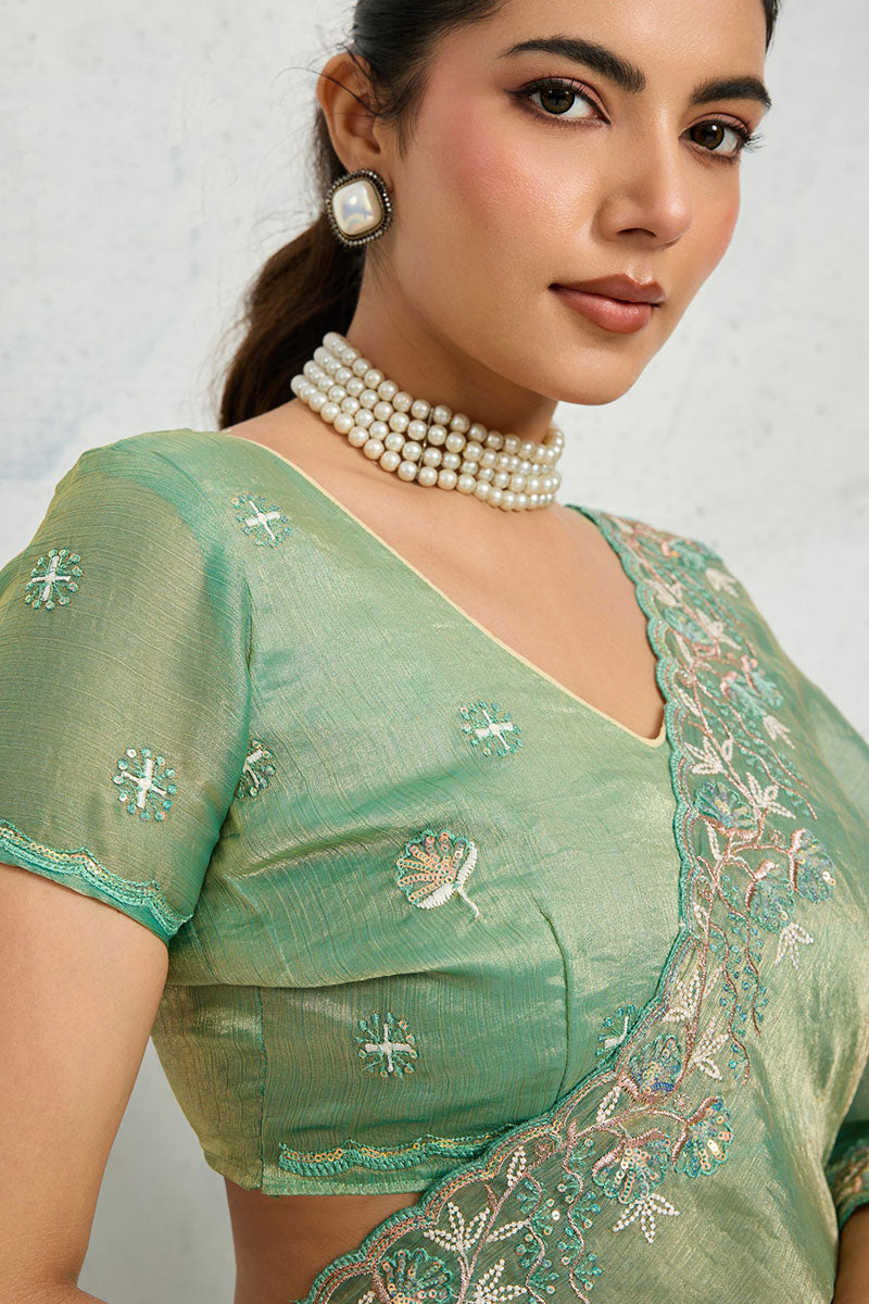 Elegant Sea Green Silk Blend Saree UK | Floral Embroidery Border & Party Wear RTI