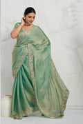 Elegant Sea Green Silk Blend Saree UK | Floral Embroidery Border & Party Wear RTI
