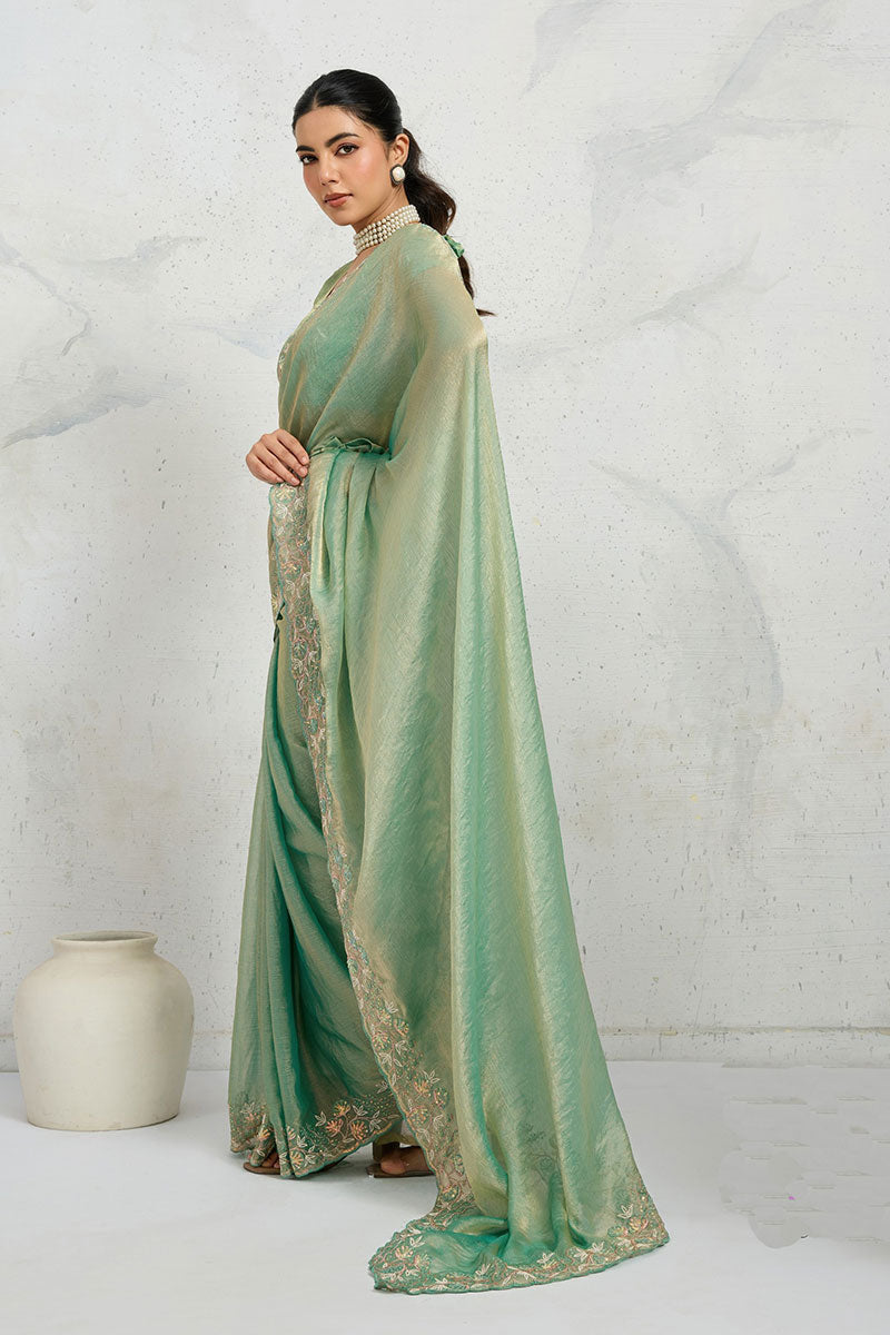 Elegant Sea Green Silk Blend Saree UK | Floral Embroidery Border & Party Wear RTI