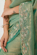 Elegant Sea Green Silk Blend Saree UK | Floral Embroidery Border & Party Wear RTI