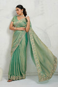 Elegant Sea Green Silk Blend Saree UK | Floral Embroidery Border & Party Wear RTI