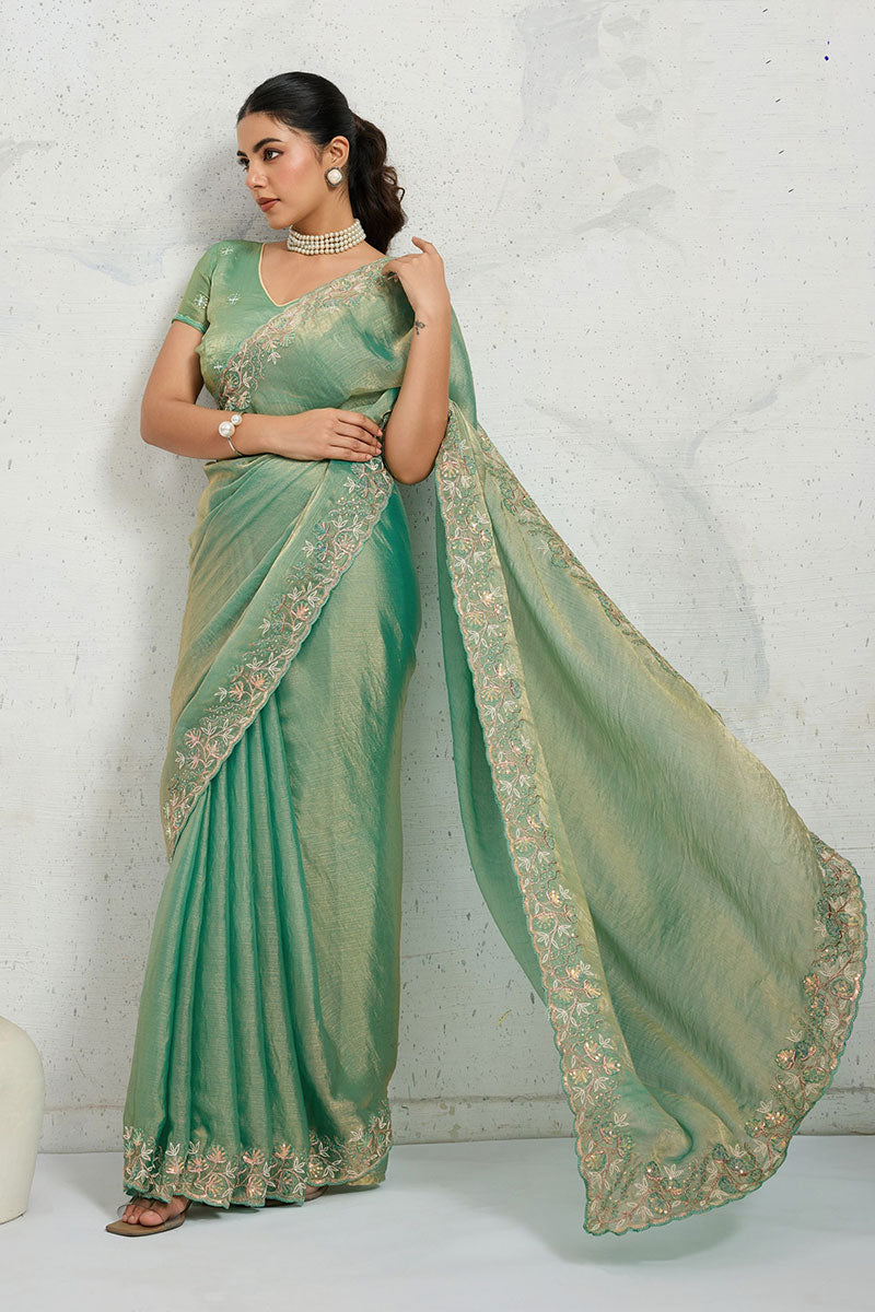 Elegant Sea Green Silk Blend Saree UK | Floral Embroidery Border & Party Wear RTI