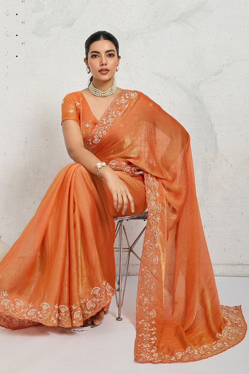 Orange Designer Saree UK | Floral Embroidered Border & Elegant Festive Saree RTI