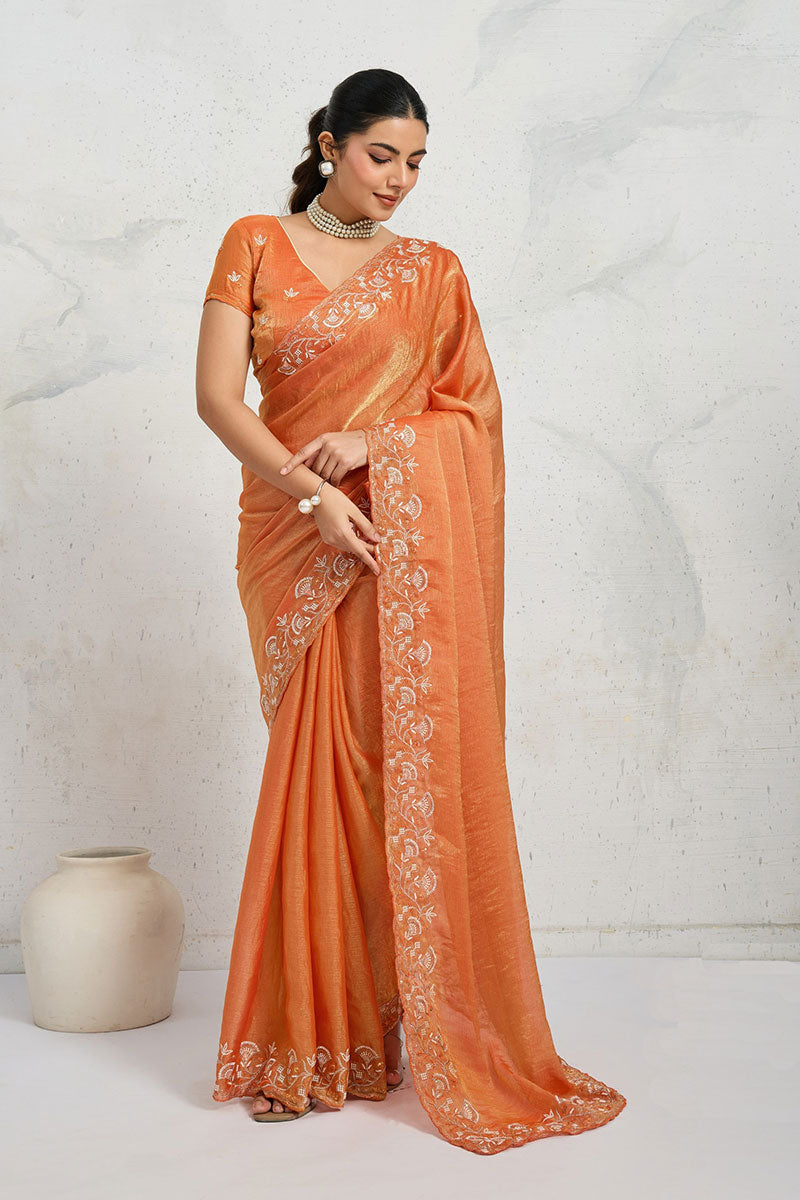 Orange Designer Saree UK | Floral Embroidered Border & Elegant Festive Saree RTI