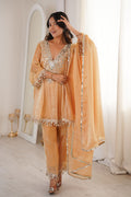 Peach Mirror Work Festive Suit UK | Embellished Kurta, Straight Pants & Sheer Dupatta RTI