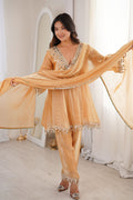 Peach Mirror Work Festive Suit UK | Embellished Kurta, Straight Pants & Sheer Dupatta RTI
