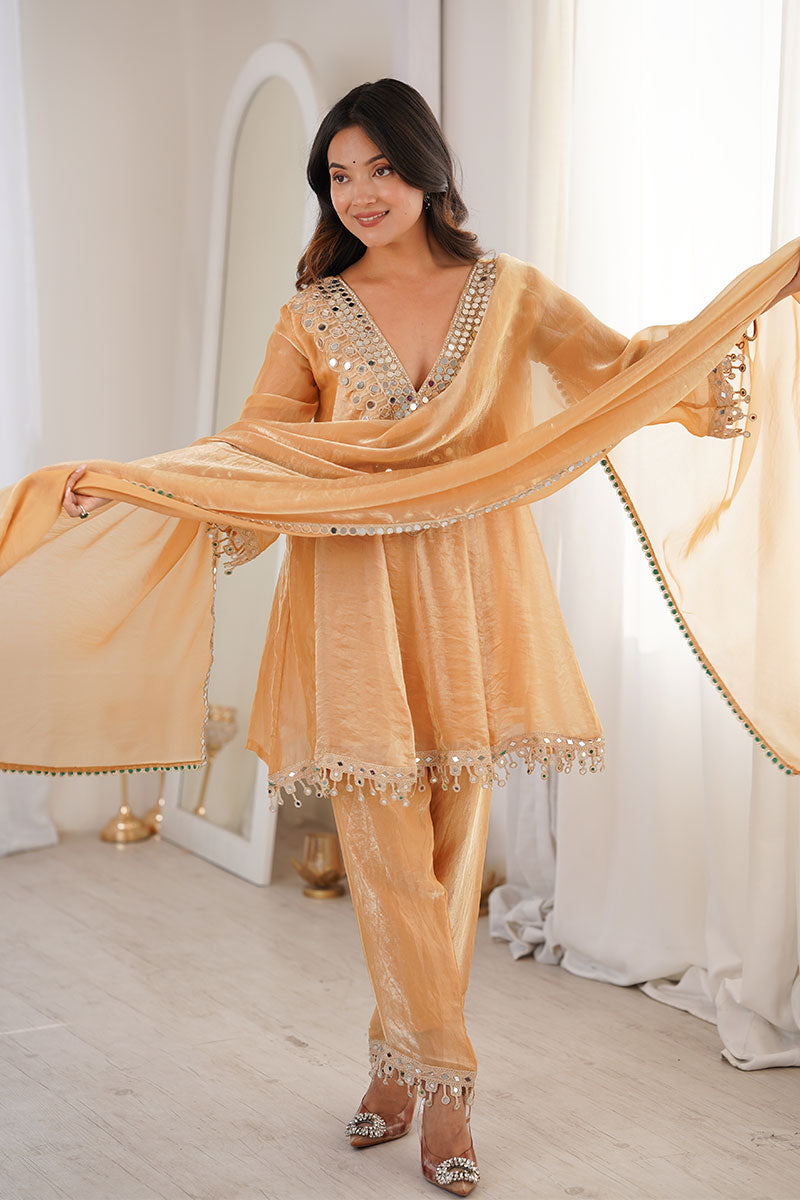 Peach Mirror Work Festive Suit UK | Embellished Kurta, Straight Pants & Sheer Dupatta RTI