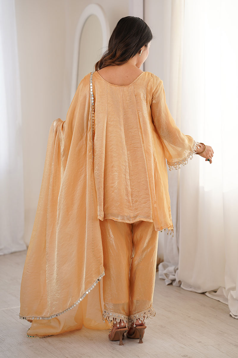 Peach Mirror Work Festive Suit UK | Embellished Kurta, Straight Pants & Sheer Dupatta RTI
