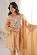 Peach Mirror Work Festive Suit UK | Embellished Kurta, Straight Pants & Sheer Dupatta RTI