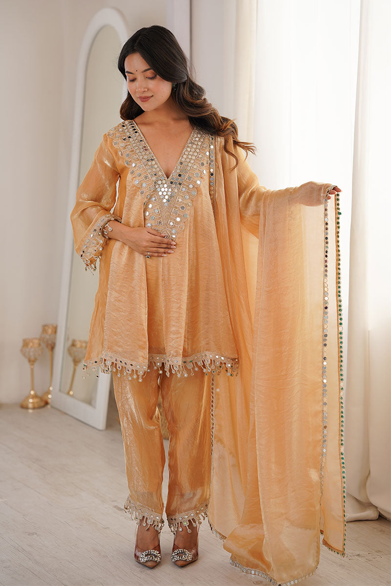 Peach Mirror Work Festive Suit UK | Embellished Kurta, Straight Pants & Sheer Dupatta RTI
