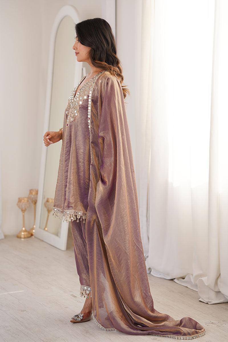 Purple Mirror Work UK | Embellished Kurta, Straight Pants & Sheer Dupatta RTI
