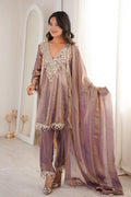 Purple Mirror Work UK | Embellished Kurta, Straight Pants & Sheer Dupatta RTI