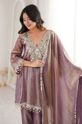 Purple Mirror Work UK | Embellished Kurta, Straight Pants & Sheer Dupatta RTI