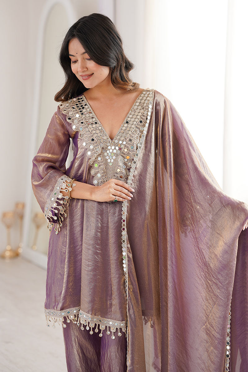 Purple Mirror Work UK | Embellished Kurta, Straight Pants & Sheer Dupatta RTI
