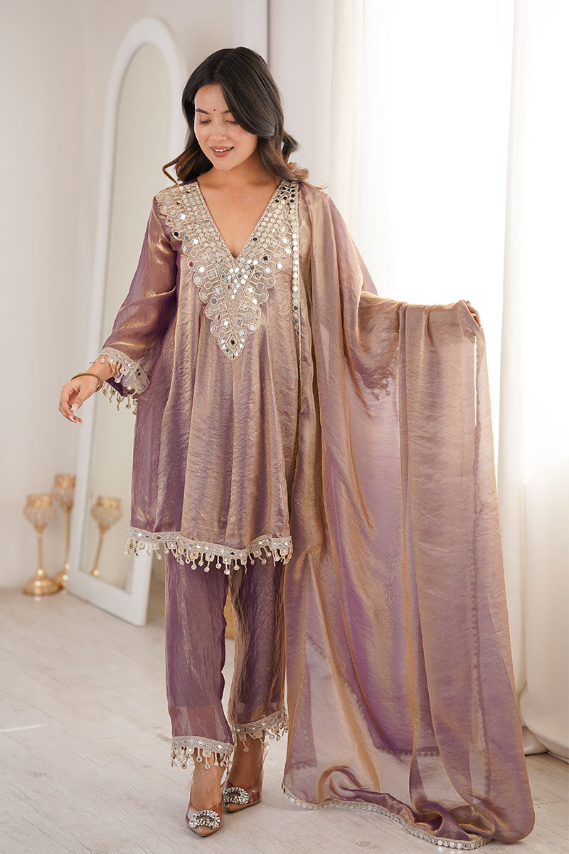 Purple Mirror Work UK | Embellished Kurta, Straight Pants & Sheer Dupatta RTI