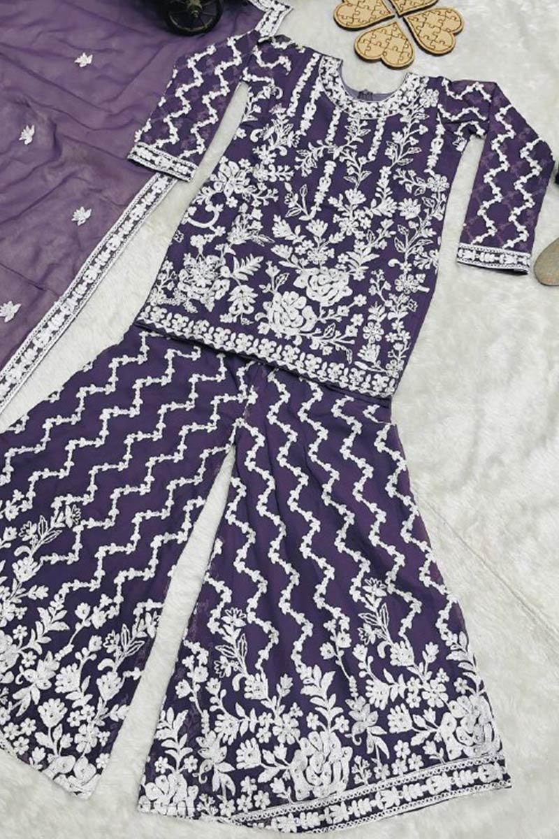 Purple Embroidered Girls Sharara Suit UK | Festive Ethnic Set RTI