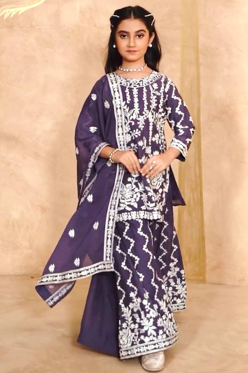 Purple Embroidered Girls Sharara Suit UK | Festive Ethnic Set RTI