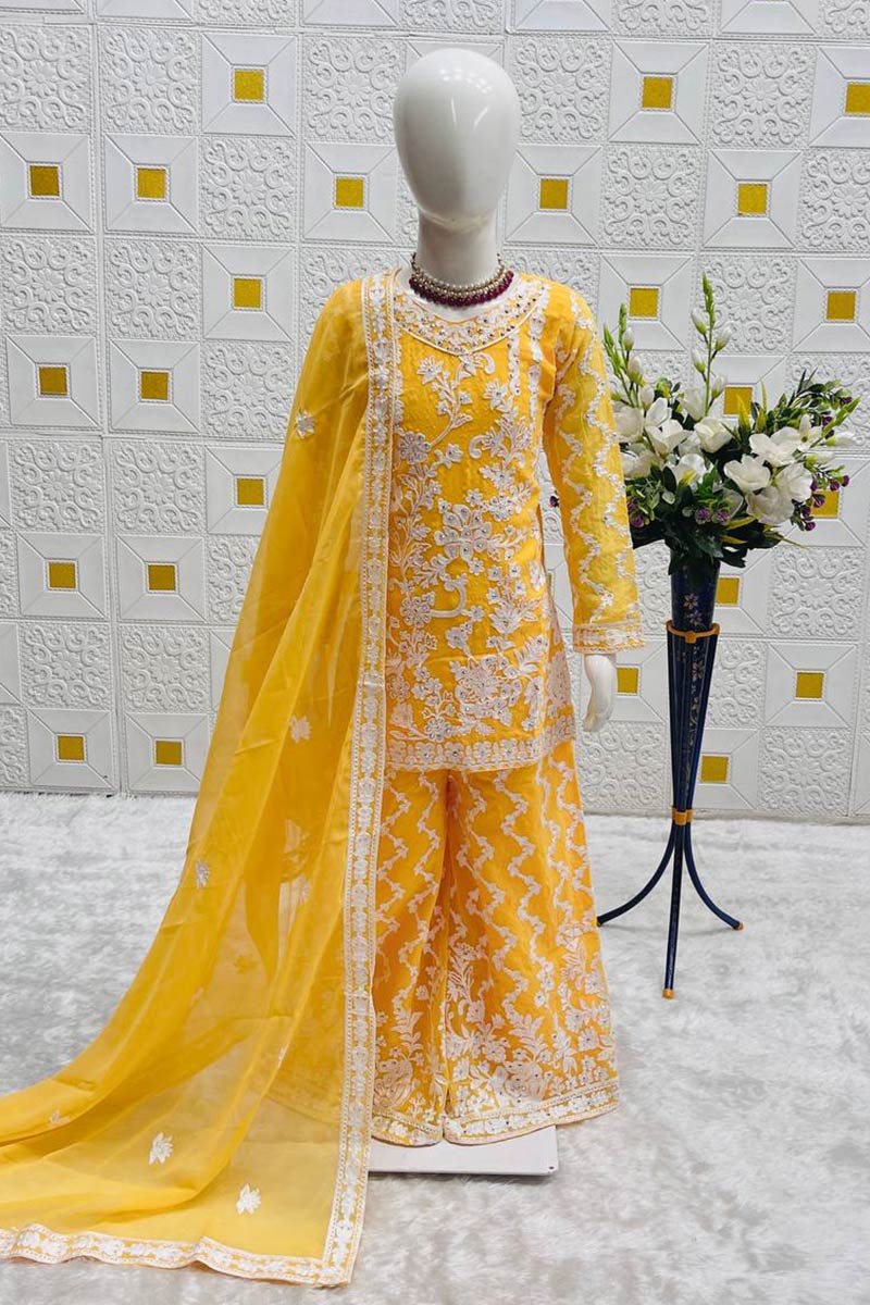 Designer Yellow Floral Embroidered Kids Sharara Outfit UK RTI
