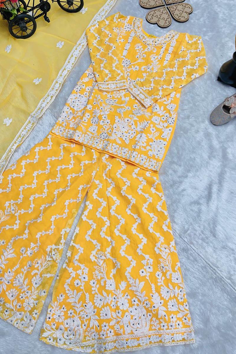 Designer Yellow Floral Embroidered Kids Sharara Outfit UK RTI