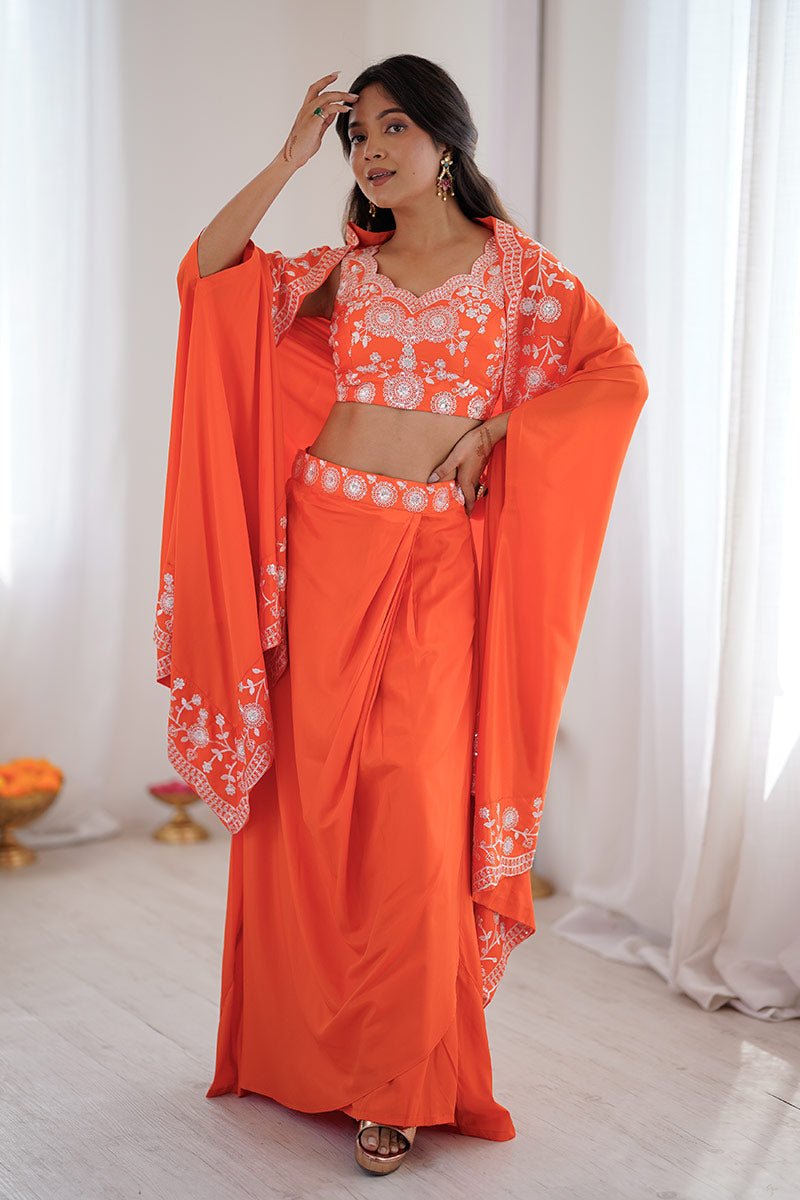 Orange Festive Saree UK | White Floral Embroidery & Elegant Drape RTI