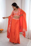 Orange Festive Saree UK | White Floral Embroidery & Elegant Drape RTI