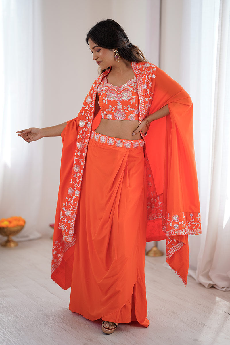 Orange Festive Saree UK | White Floral Embroidery & Elegant Drape RTI