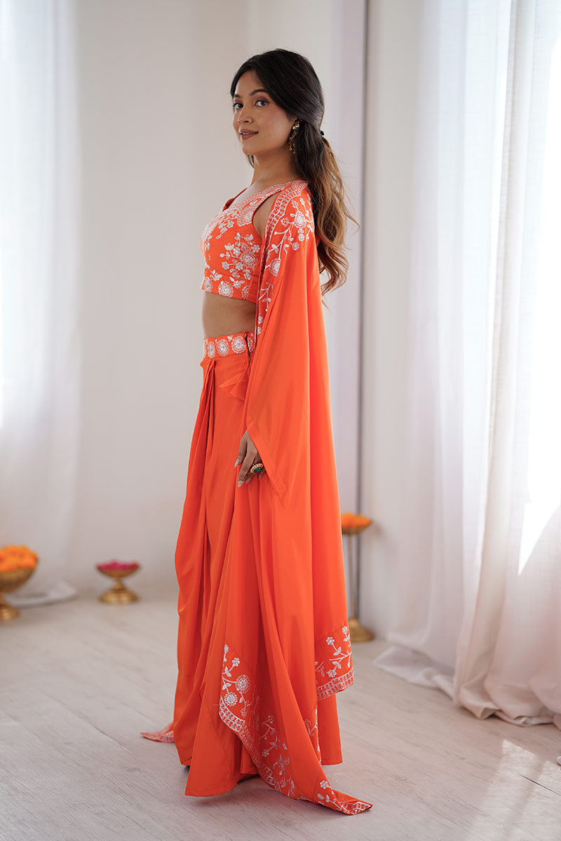 Orange Festive Saree UK | White Floral Embroidery & Elegant Drape RTI