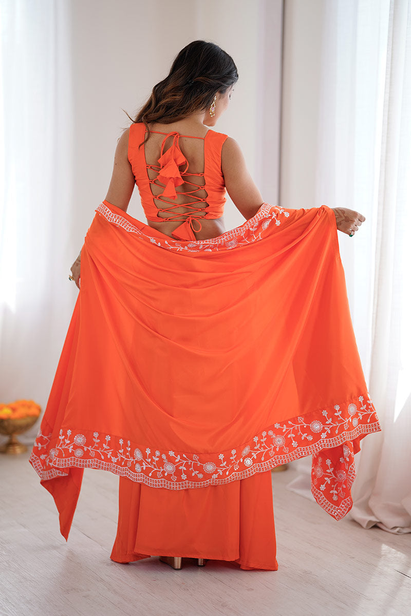 Orange Festive Saree UK | White Floral Embroidery & Elegant Drape RTI