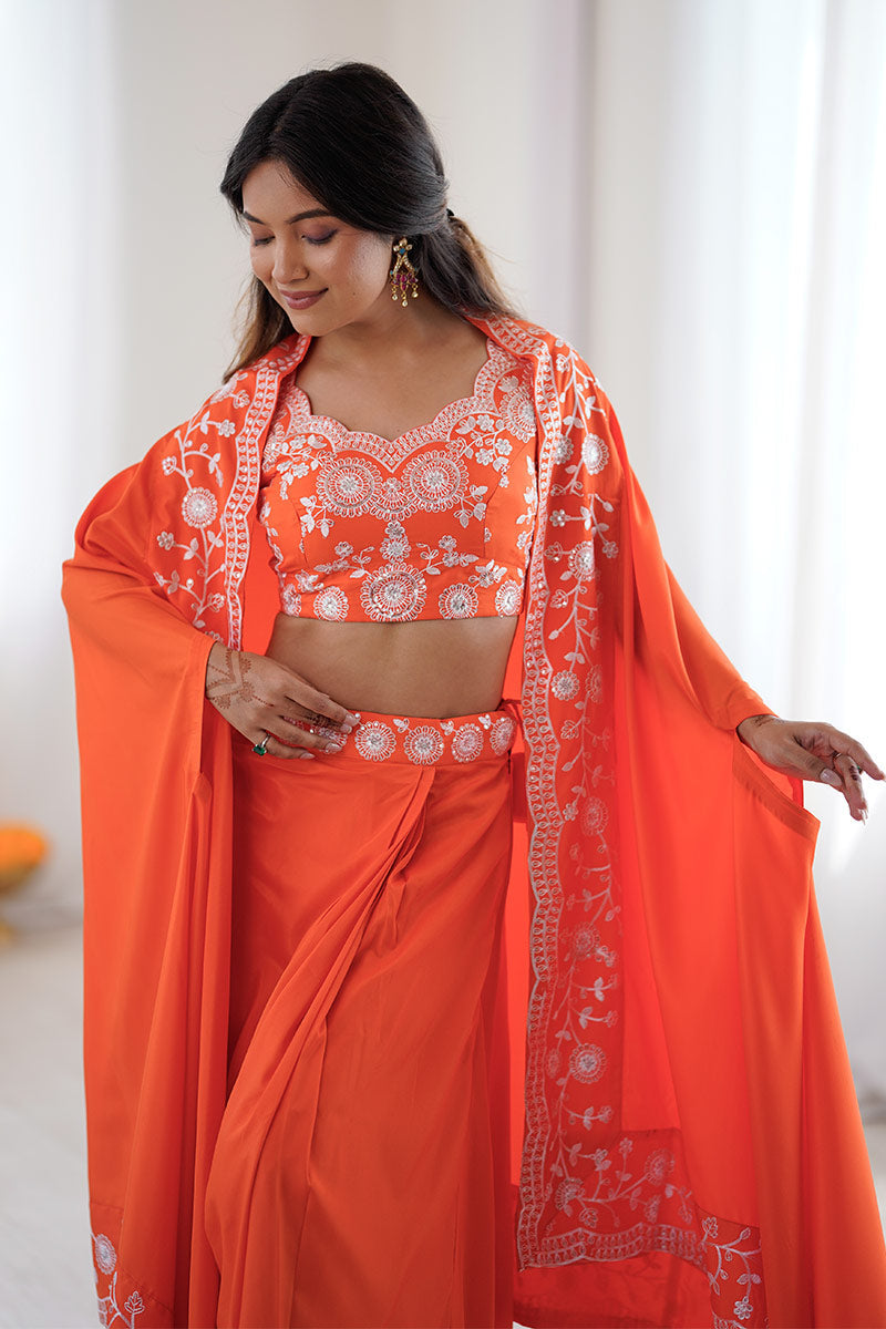 Orange Festive Saree UK | White Floral Embroidery & Elegant Drape RTI