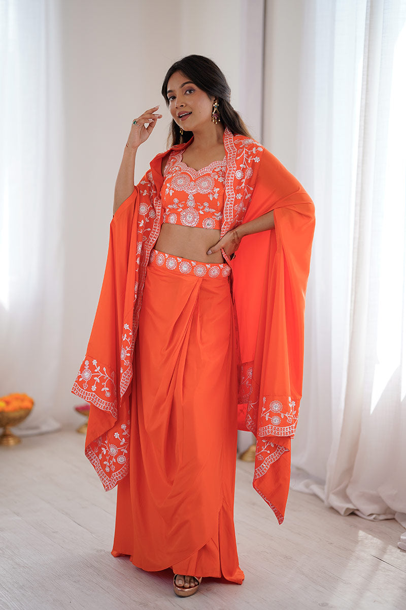 Orange Festive Saree UK | White Floral Embroidery & Elegant Drape RTI
