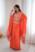 Orange Festive Saree UK | White Floral Embroidery & Elegant Drape RTI