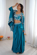 Rama Blue Festive Saree UK | White Floral Embroidery & Elegant Drape RTI