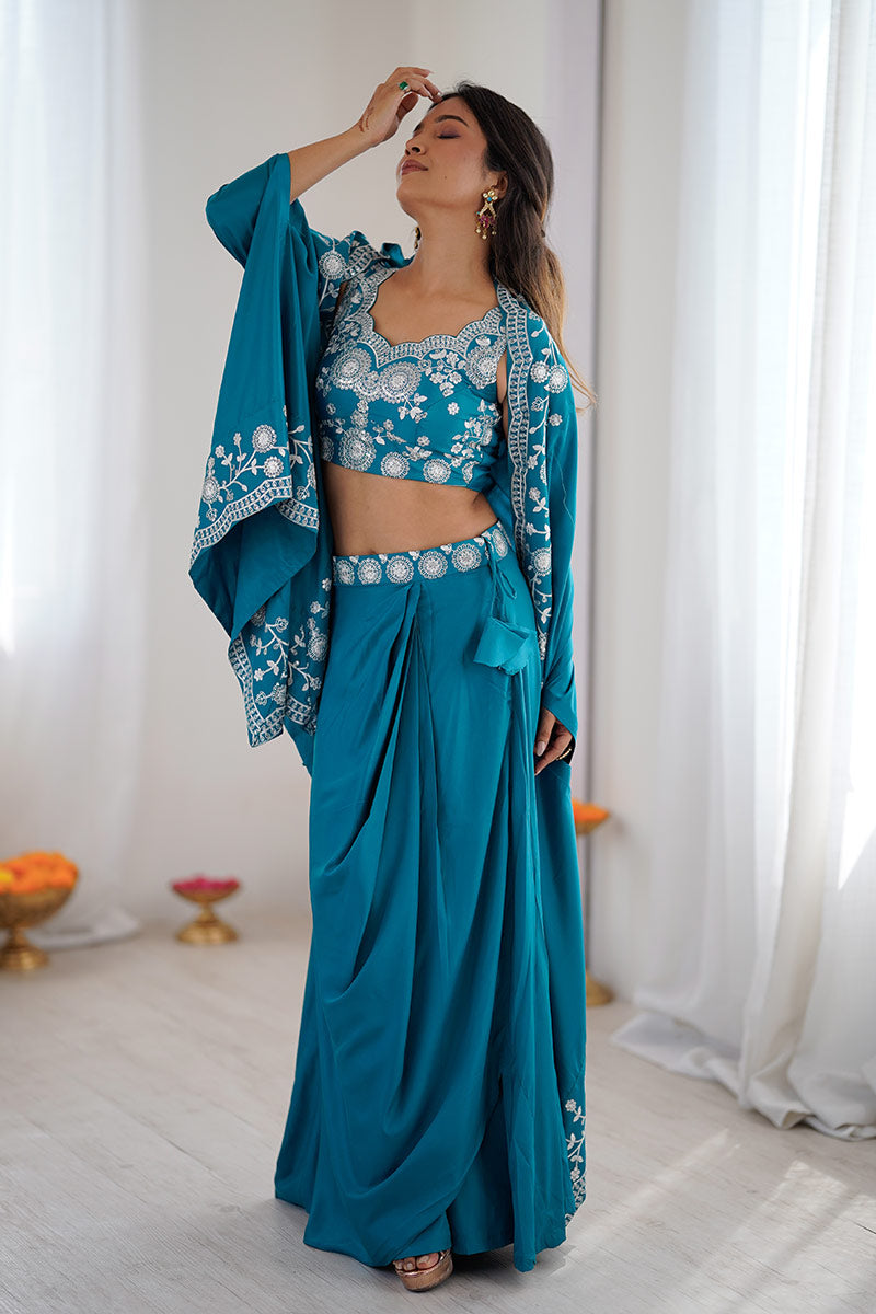 Rama Blue Festive Saree UK | White Floral Embroidery & Elegant Drape RTI