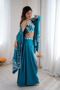Rama Blue Festive Saree UK | White Floral Embroidery & Elegant Drape RTI