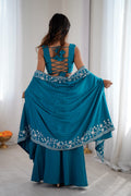 Rama Blue Festive Saree UK | White Floral Embroidery & Elegant Drape RTI