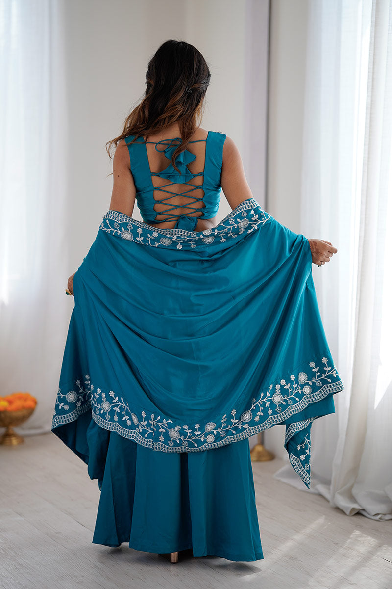 Rama Blue Festive Saree UK | White Floral Embroidery & Elegant Drape RTI
