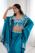 Rama Blue Festive Saree UK | White Floral Embroidery & Elegant Drape RTI