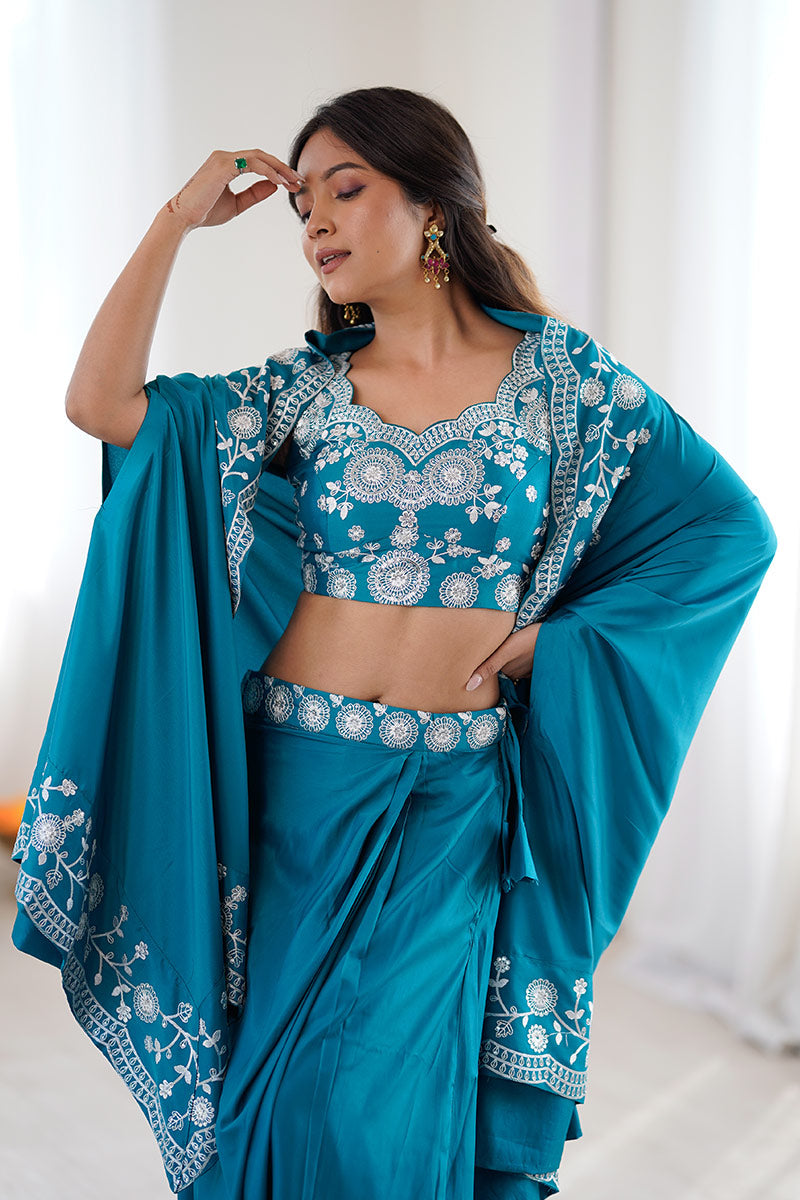 Rama Blue Festive Saree UK | White Floral Embroidery & Elegant Drape RTI