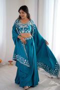 Rama Blue Festive Saree UK | White Floral Embroidery & Elegant Drape RTI