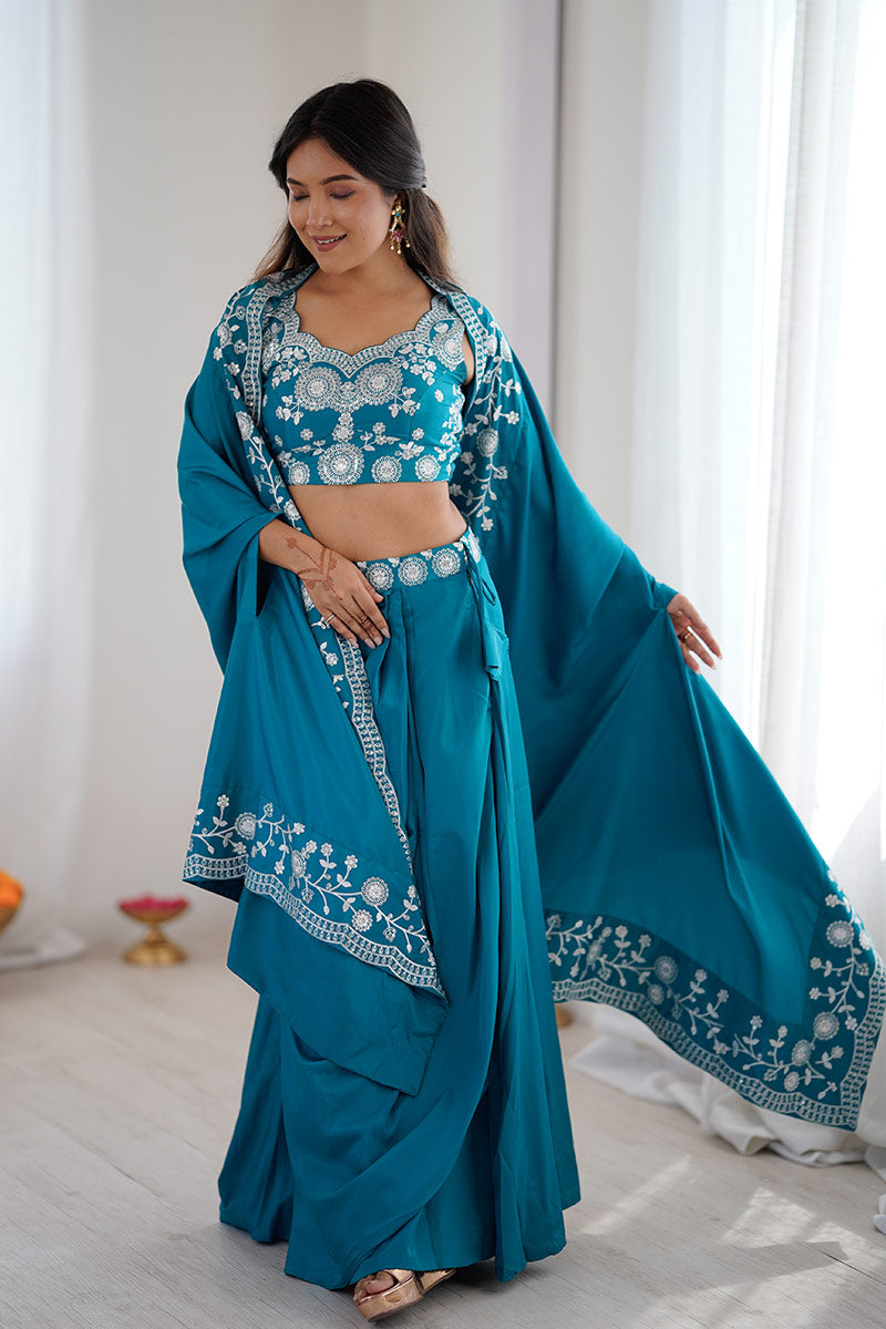 Rama Blue Festive Saree UK | White Floral Embroidery & Elegant Drape RTI