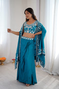 Rama Blue Festive Saree UK | White Floral Embroidery & Elegant Drape RTI